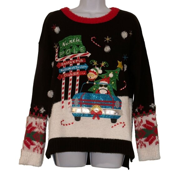 Holiday Time Christmas Sweater Womens L 12 14 Pullover Ugly Funny Santas Pub - Picture 1 of 9